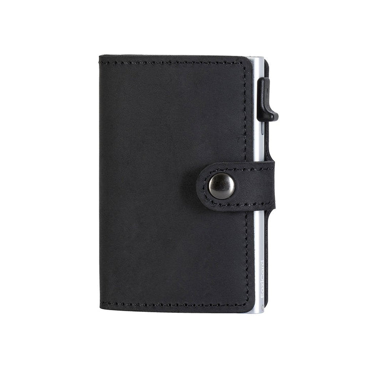 A black EaziCard RFID leather wallet with a metal card holder, secured by a snap closure.