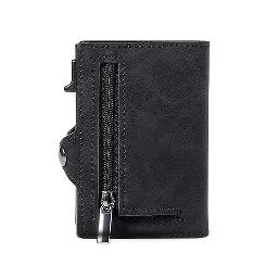 Black leather wallet with a zipper on a white background