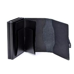 Black leather wallet with a textured flap on a white background