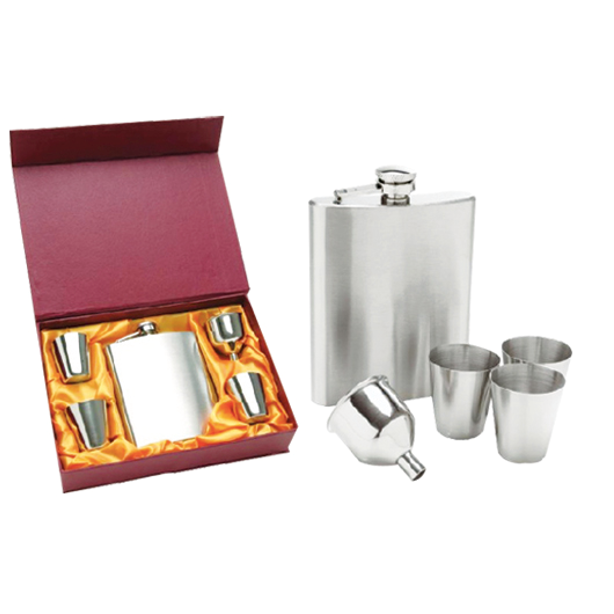 Stainless steel hip flask with 4 cups