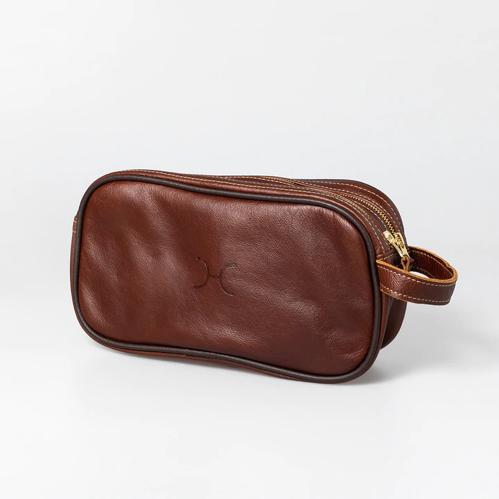 Thandana | Men’s Double Zip Vanity - Leather - Tobacco - Cosmetic & Toiletry Bags
